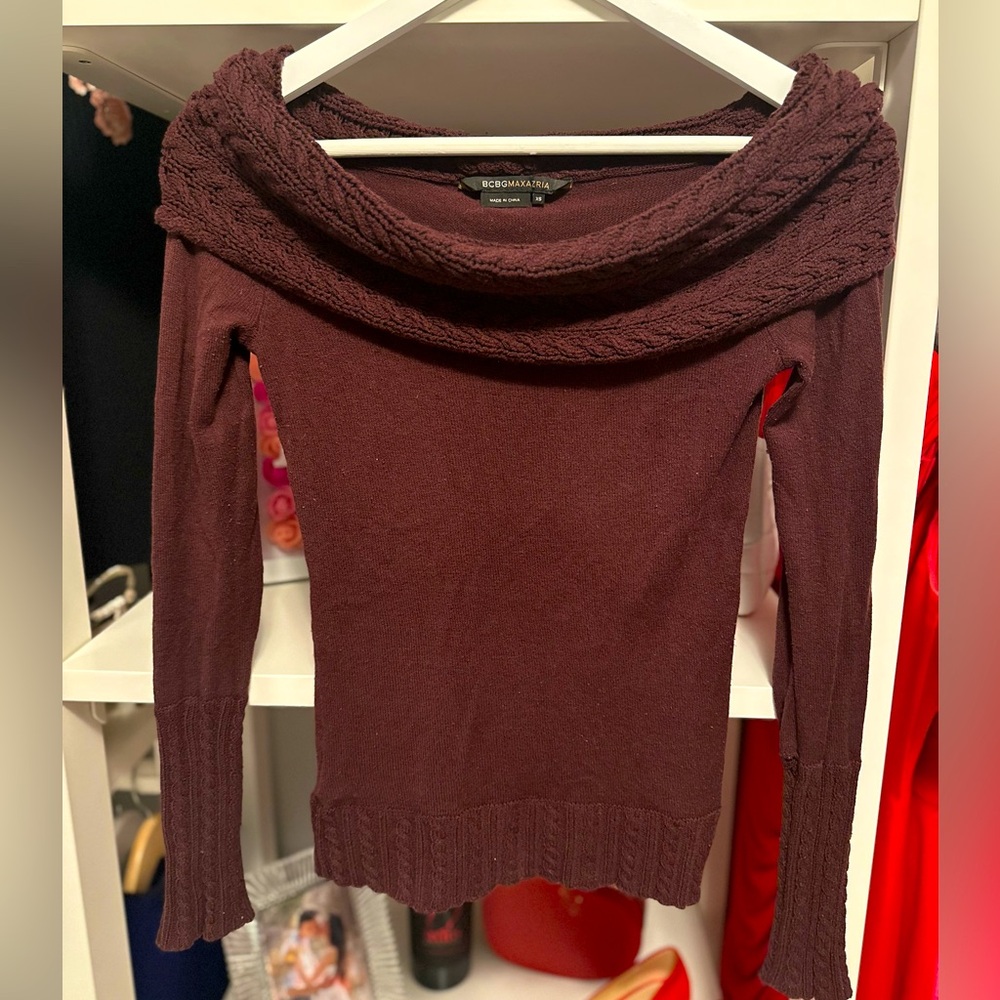BCBGMAXAZRIA Chocolate Brown Cable Knit Cowl or Off the Shoulder Chunky Sweater